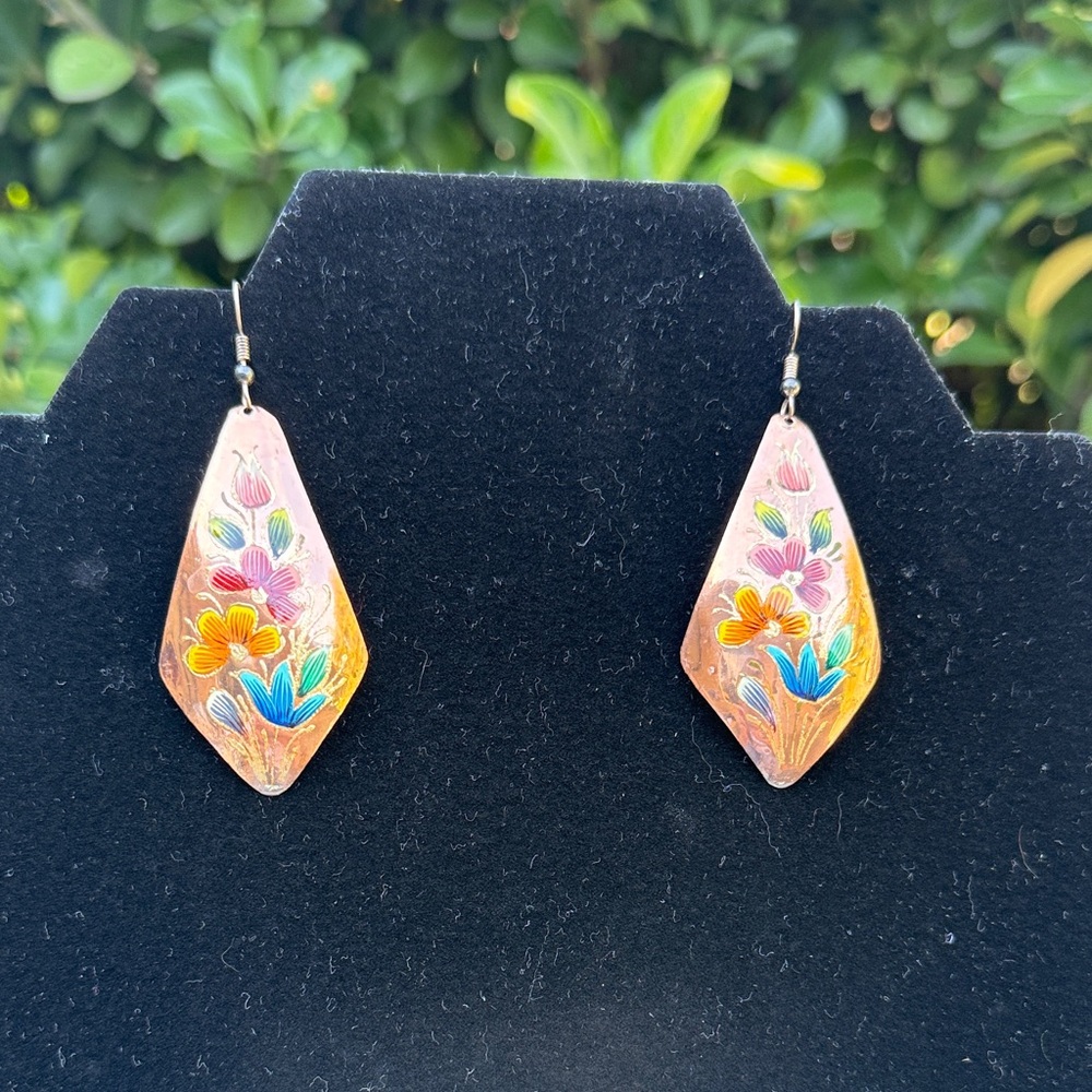 Copper and Floral Appliqué Drop Earrings